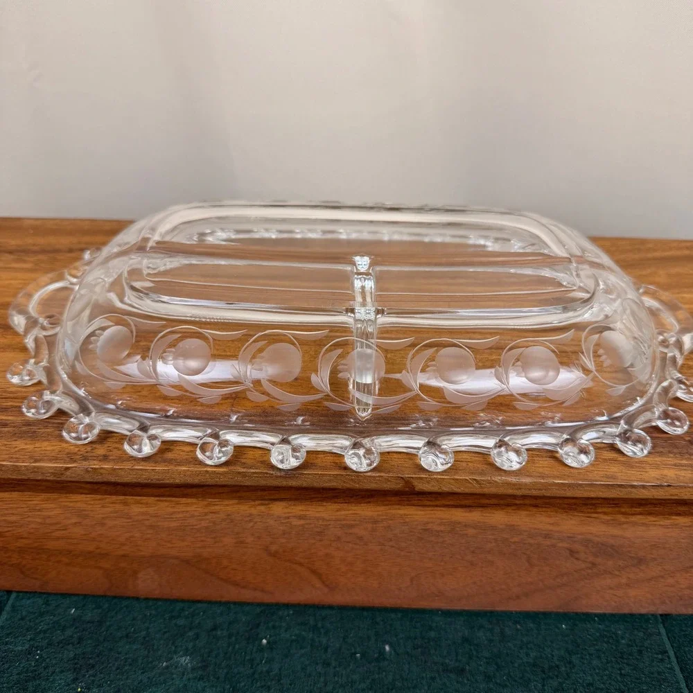 Vintage Heisey Glass Moonglo Lariat Divided Relish Dish Clear Etched 3 Part Tray